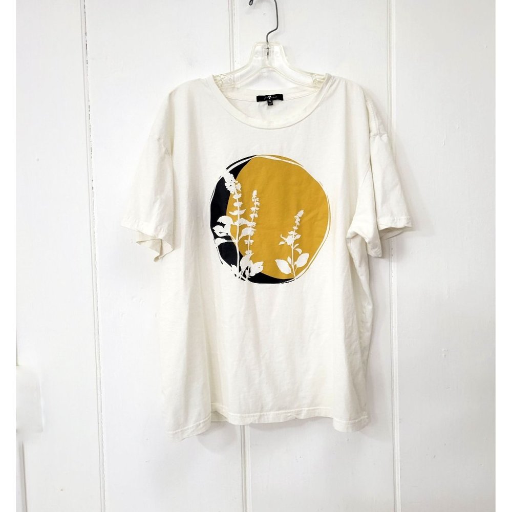 7 For All Mankind White Tee with Yellow and Black Design